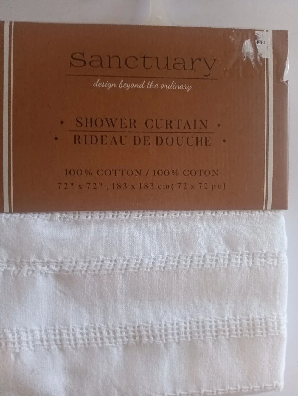 Sanctuary Shower Curtain 100% Cotton White W/Stripes 72 X 72 NWT